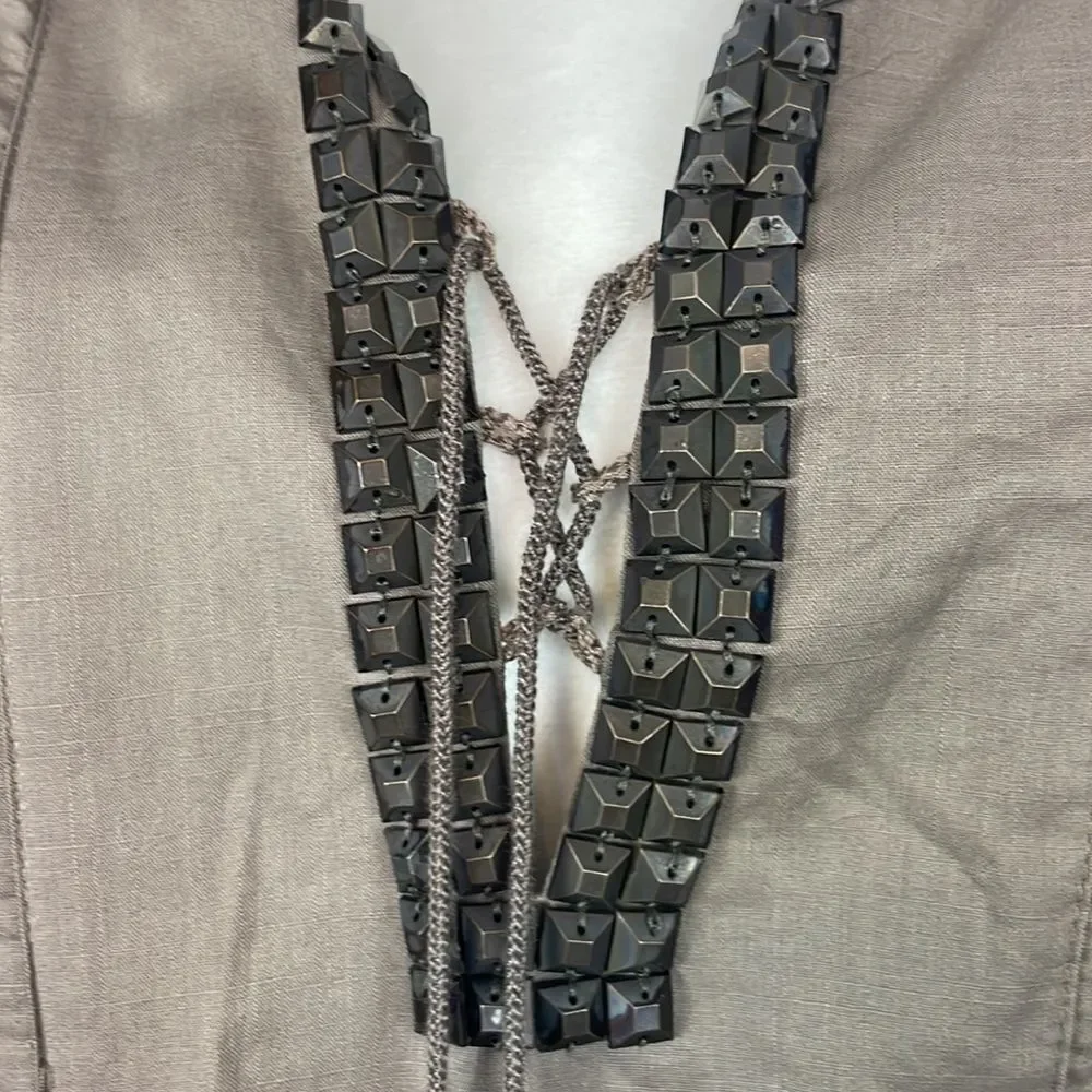 J. Crew 100% Cotton Brown Embellished V-Neck Blouse. Size 4. New With Tags.